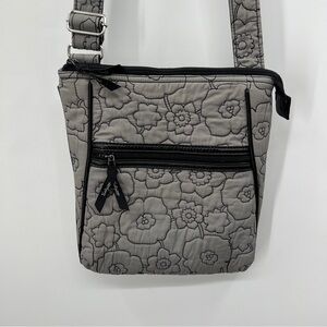 Thirty One Gray and Black Quilted Poppy Floral Crossbody Shoulder Bag Purse